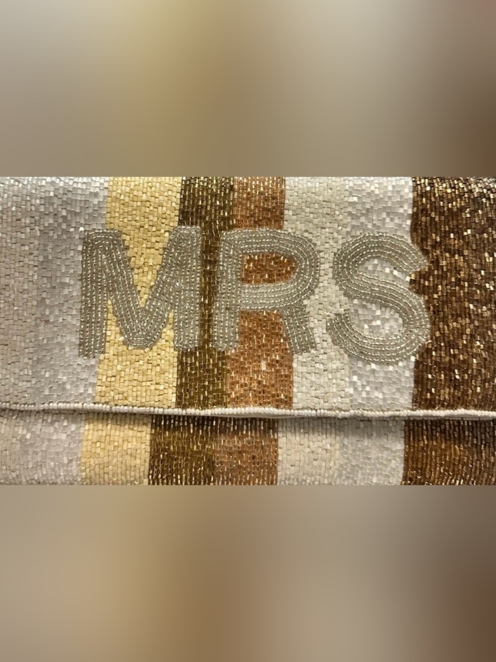 Francesca's Collections Beaded Striped Clutch in Gold, Cream, and Brown